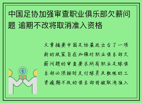 中国足协加强审查职业俱乐部欠薪问题 逾期不改将取消准入资格 中国足协加强审查职业俱乐部欠薪问题 逾期不改将取消准入资格